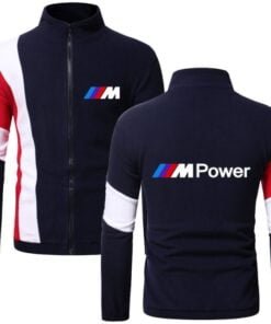 Jackets men Autumn Winter casual Color matching sweatshirt fashion BMW M sports car logo print jacket men Fleece zipper coats - Navy Blue, XXL